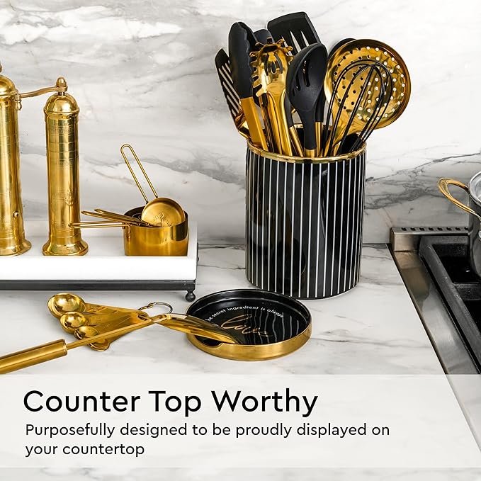 Black and Gold Kitchen Utensils Set - 19-PC Set Includes Stainless Steel and Silicone Cooking Utensils, Measuring Cups and Spoons - Black and Gold Kitchen Accessories for Stylish Cooking & Serving-Ruum Studio Home