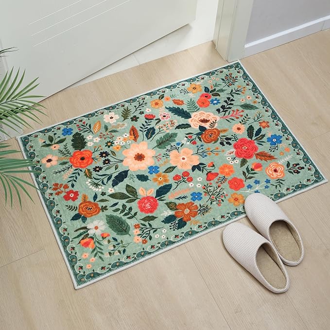 Door Mat Indoor Entrance 2x3 Rug Machine Washable Boho Floral Small Area Rug Non-Slip Low Pile Throw Rugs for Entryway, Kitchen, Front Door Indoor Entrance, Entry, Kids Room (Green)-Ruum Studio Home