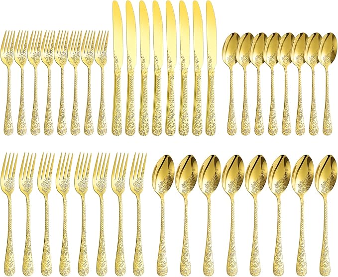 Floral 40 Pcs Gold Silverware Set for 8, Food Grade Stainless Steel Flatware Set with Rose Flower Embossed Design, Eating Utensils Sets Include Fork/Knife/Spoon, Reusable Cutlery Set, Dishwasher Safe-Ruum Studio Home