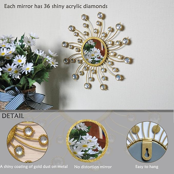 Mirror Wall Decor Wall Mirrors Decorative Sunburst Boho Mirror Gold Mirror Wall Art Metal Decor Mirror Hanging Living Room Bedroom Bathroom Set of 3-Ruum Studio Home
