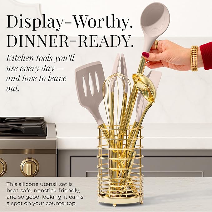 Styled Settings 23-Piece Beige and Gold Utensils Set – Silicone Nonstick Cooking Tools with Garlic Press, Can Opener, Measuring Cups, Utensil Holder – Luxury Kitchen Accessories for Modern Homes-Ruum Studio Home