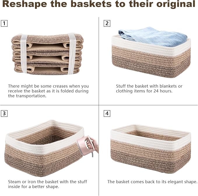 3 Pack Small Storage Baskets for Organizing, Cute Woven Decorative Gift Baskets for Shelves, Mini Closet Organizer Bins with Handles-13''Lx8.66''Wx5.11''H-Brown White-Ruum Studio Home