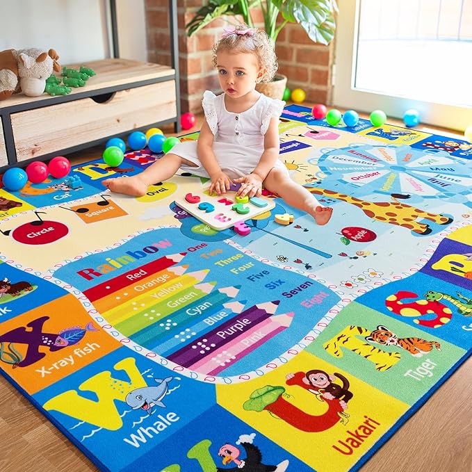 Kids Rugs for Playroom Bedroom Classroom Nursery, Non-Slip and Washable Rugs for Children Toddlers Girls, Educational and Fun Rug Carpets with ABC Alphabet Animals Shapes, 7x10, Blue-Ruum Studio Home