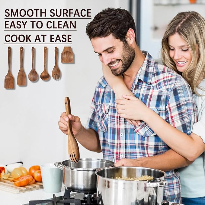 Wooden Spoons for Cooking, Nonstick Cooking Utensil Set with 5 Piece Acacia Wooden Spatulas and Spoons, as well as a Extra Whole Wood Spoon Rest, Terrific for Everyday Kitchen Tasks-Ruum Studio Home