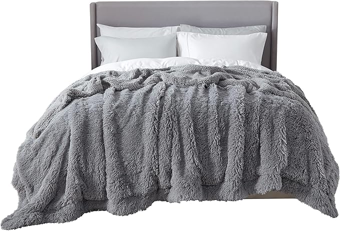 Bedsure GentleSoft Fluffy Grey Blankets Queen Size for Bed, Thick Sherpa Faux Fur Fleece Fuzzy Plush Winter Warm Heavy Soft Queen Blankets, Bedroom Decor Grey Gifts Cozy Gifts for Women Men, 90x90-Ruum Studio Home