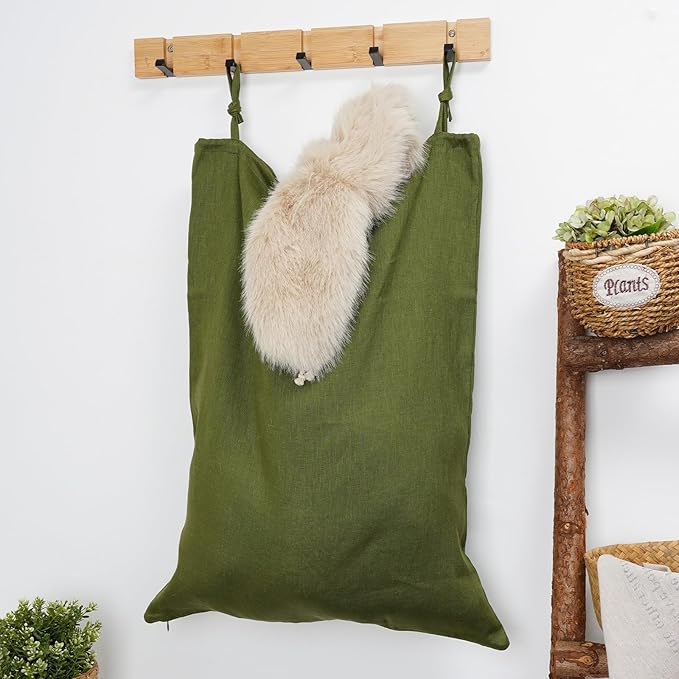Linen Hanging Laundry Bag, Over The Door Laundry Hamper for Dirty Clothes, Drawstring Closure with Bottom Zipper, Army Green-Ruum Studio Home