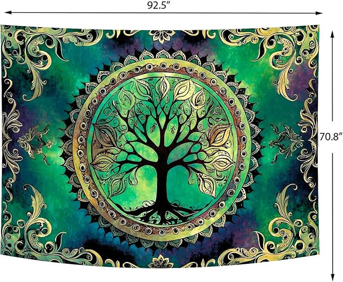 Delur Tree of Life Tapestry Green Nature Bohemian Mandala Spiritual Tapestry Wall Hanging Mystical Landscape Hippie Psychedelic Headboard for Bedroom Living Room Home Decor (70.8" x 92.5")-Ruum Studio Home