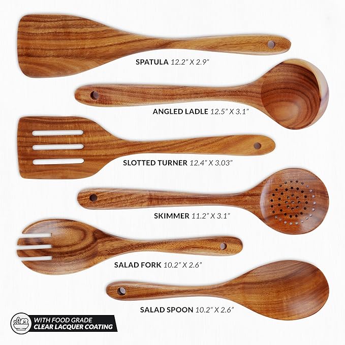 Zulay Kitchen Extra-Large 6-Piece Wooden Spoon Set - Smooth Teak Cooking Utensils - Comfort-Grip Non-Stick Turner, Spatula, Skimmer, Fork, Serving Spoon-Ruum Studio Home