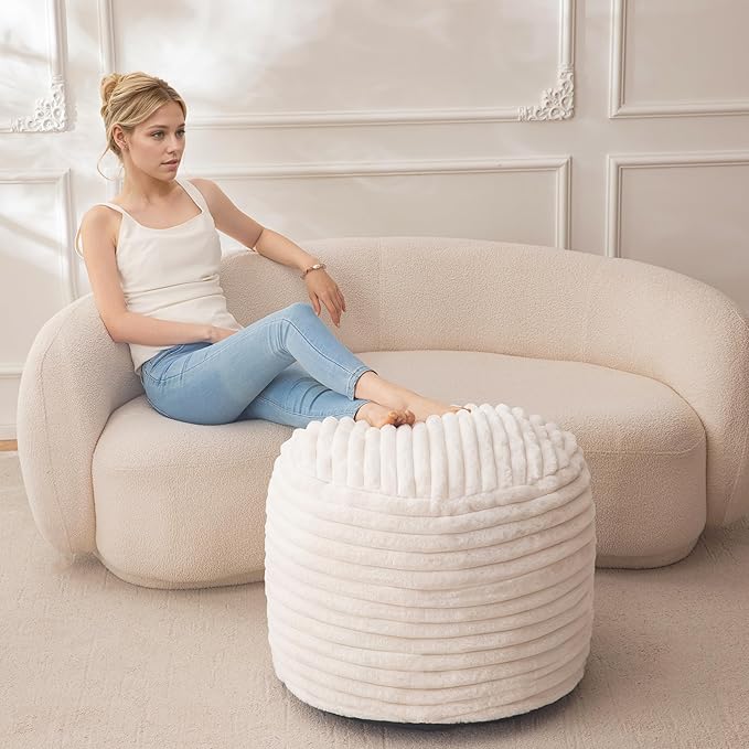 HIGOGOGO Round Stuffed Pouf Ottoman, Stripe Faux Fur Poufs with Foam Chunk Filling, Furry and Fluffy Pouf Foot Stool Storage Ottoman, 26 X 18 Floor Poufs Foot Rest for Living Room, Beige-Ruum Studio Home
