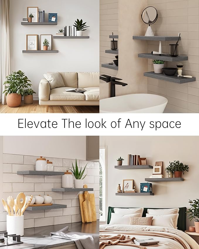 BAYKA Floating Shelves for Wall, Wall Mounted Rustic Wood Shelves for Bathroom, Bedroom, Living Room, Kitchen,Small Hanging Shelf for Books/Storage/Room Decor (Grey, Set of 3, 15.7in)-Ruum Studio Home