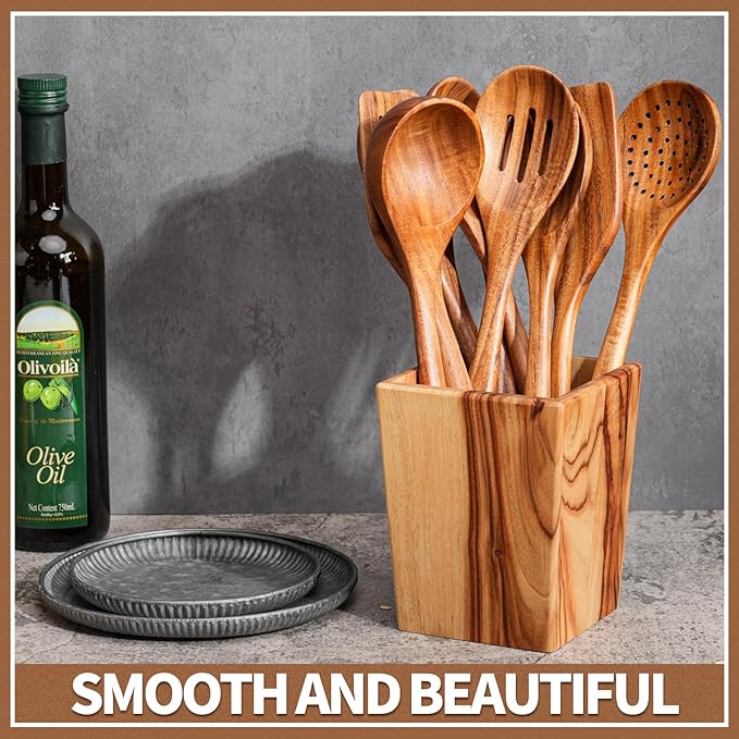 Gudamaye 13 inch Long Wooden Spoons for Cooking, 9 PCS Natural Teak Wooden Kitchen Utensil Set with Utensils Holder Made of Australia Camphor Laurel Wood,Wooden Utensils for Cooking-Ruum Studio Home