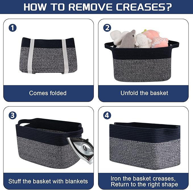 Storage Basket for Organizing, Woven Baskets for Storage, Rectangle Decorative Baskets for Shleves, Closet, Toys, Books, Nursery Organizer Bins - Pack of 3 (Blue & Black)-Ruum Studio Home