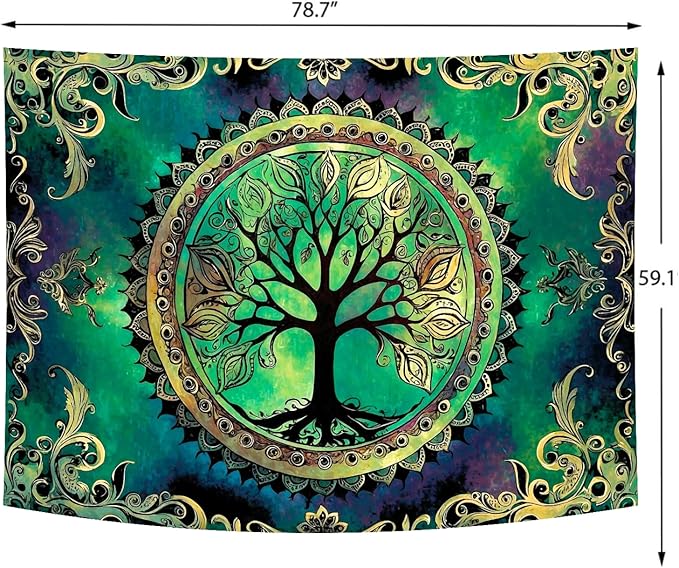 Delur Tree of Life Tapestry Green Nature Bohemian Mandala Spiritual Tapestry Wall Hanging Mystical Landscape Hippie Psychedelic Headboard for Bedroom Living Room Home Decor (59.1" x 78.7")-Ruum Studio Home