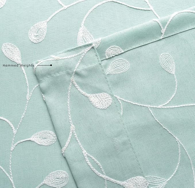 MIUCO Floral Embroidered Semi Sheer Curtains Faux Linen Grommet Window Panel Pair for Kitchen 52 x 63 Inch, Subtle Green-Ruum Studio Home