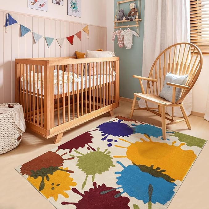 STARUIA Art Bedroom Rug, 4'x6' Machine Washable Kids Rug for Playroom, Paint Splash Rainbow Area Rugs for Classroom, Soft Colorful Living Room Rugs Throw Play Mat for Nursery Office Preschool-Ruum Studio Home