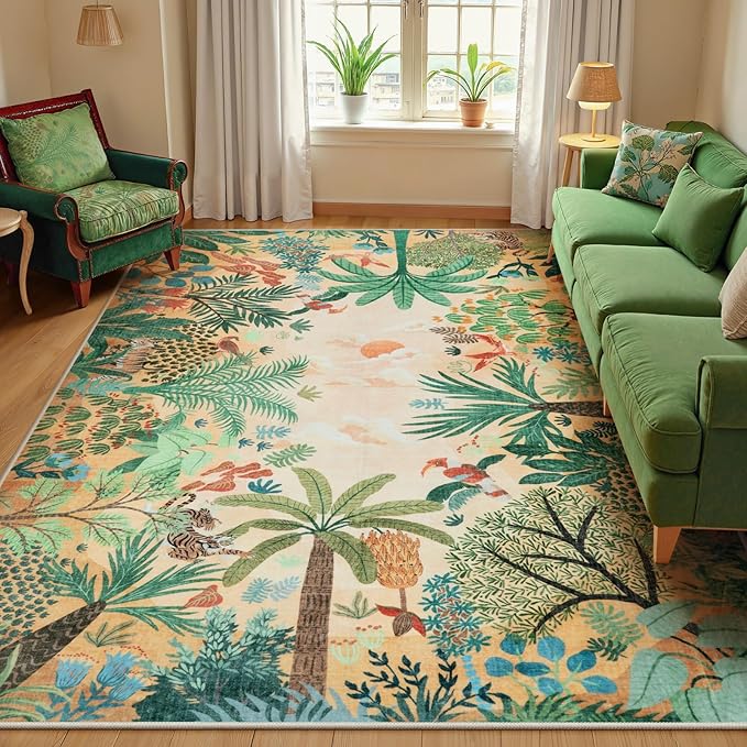 LIVEBOX Boho Jungle Animal Print 5 x 7 Area Rugs for Living Room, Soft Yellow Rug for Bedroom, Non-Slip Machine Washable Rugs for Dining Room Office, Kids Rugs for Playroom Sun Rug for Nursery Room-Ruum Studio Home