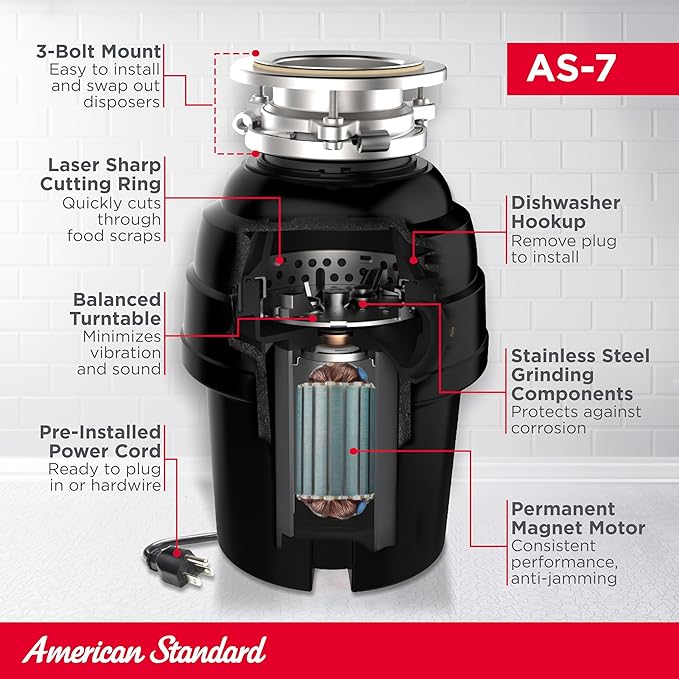 American Standard 10-US-AS-7 Garbage Disposal Anti-Jam Stainless Steel Food Waste Grinding System, Heavy Duty, 3/4 HP, Black-Ruum Studio Home