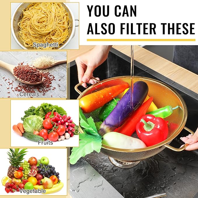 Norme 5 Quart Stainless Steel Gold Colander and 3 Pcs Gold Fine Mesh Strainer, Stainless Steel Pasta Rice Food Metal Strainer with Handles, Easy Clean and Dishwasher Safe-Ruum Studio Home