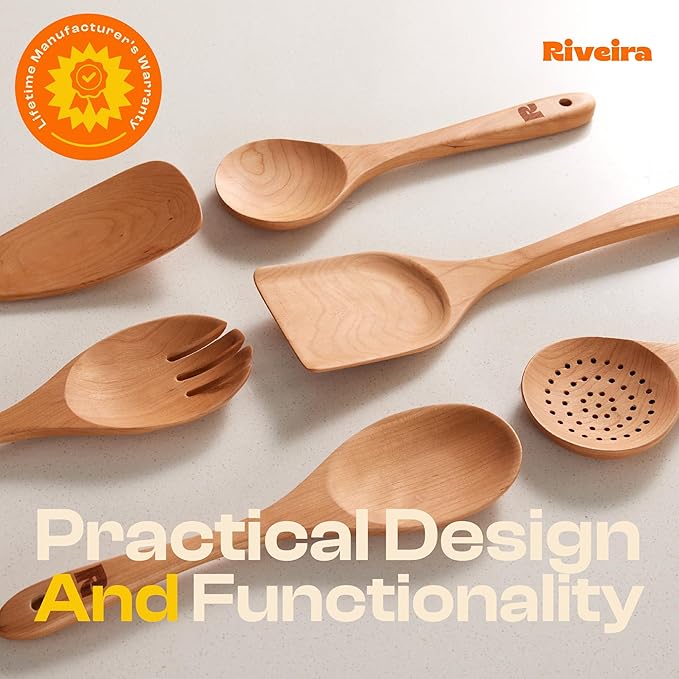 Riveira Cherry Wooden Spoons for Cooking Set of 6 – Natural Cherry Wood Cooking Utensils, Wooden Spatula, Wooden Spoon - Premium Quality Wooden Utensil Set for Non-Toxic Cooking-Ruum Studio Home