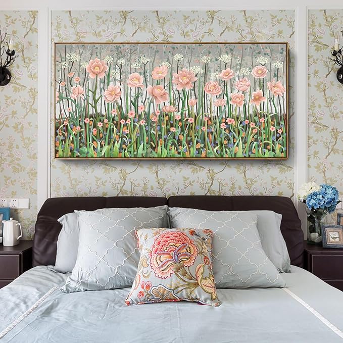 amatop Framed Oversized Floral Canvas Wall Art Canvas Print Modern Botanical Flower Field Rustic Wall Decor Abstract Nature Blooming Wildflower Pale Pink Green Artwork for Living Room Bedroom Office 58x29 in-Ruum Studio Home