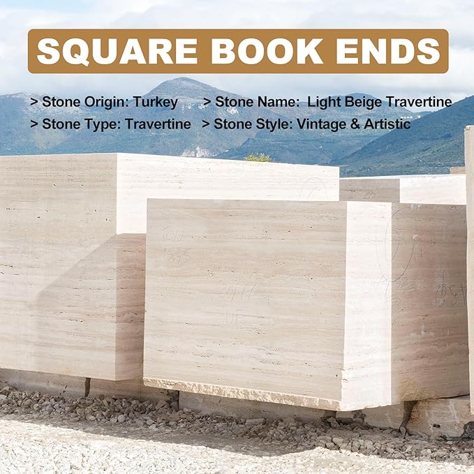 Natural Marble Bookends for Heavy Books, Heavy Duty Square Decorative Stone Book Ends for Shelves, Aesthetic Travertine Book Holder, Modern Office Bookshelf Stopper Decor, Beige, Set of 2-Ruum Studio Home
