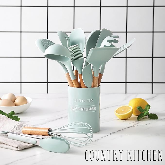 Country Kitchen Non Stick Silicone Utensil Set with Rounded Wood Handles for Cooking and Baking, 14 Piece Set, Mint-Ruum Studio Home