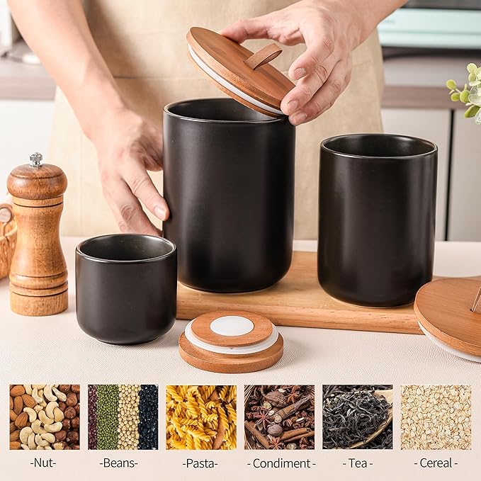Black Ceramic Canister Set with Bamboo Lids, 3-Piece Airtight Food Storage Jars for Kitchen - Flour, Sugar, Coffee, Tea, Spice - Small, Medium, Large Sizes-Ruum Studio Home