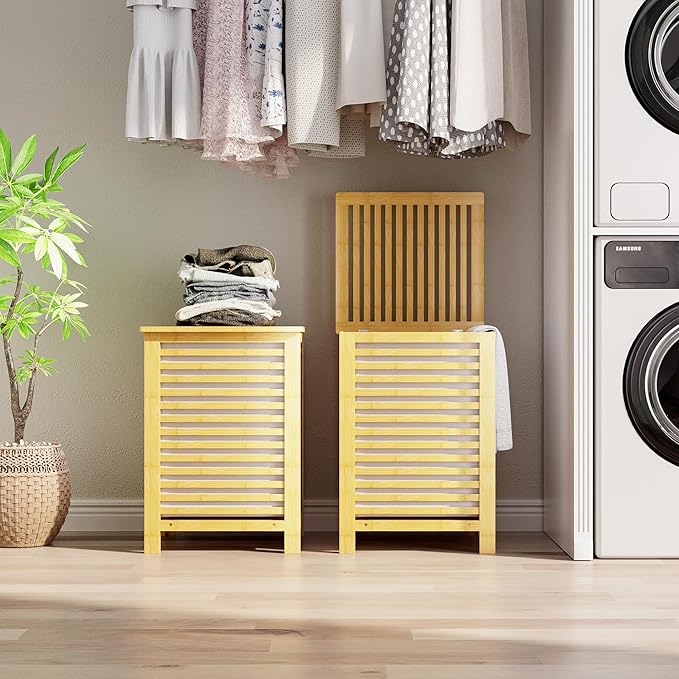SMIBUY Double Laundry Hamper with Lid, 120L Bamboo Laundry Basket with Removable Liner Bag, 2-Section Clothes Divider Laundry Sorter for Laundry Room, Bathroom, Bedroom (Natural)-Ruum Studio Home