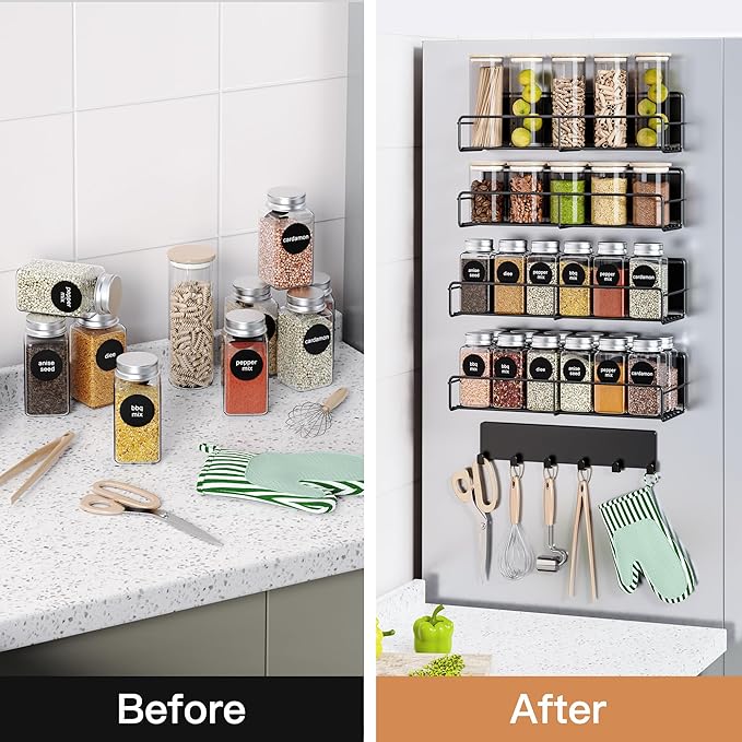 5-Pack Moveable Magnetic Spice Rack Organizer With 6 Hooks for Refrigerator, Metal Fridge Shelf, Black-Ruum Studio Home