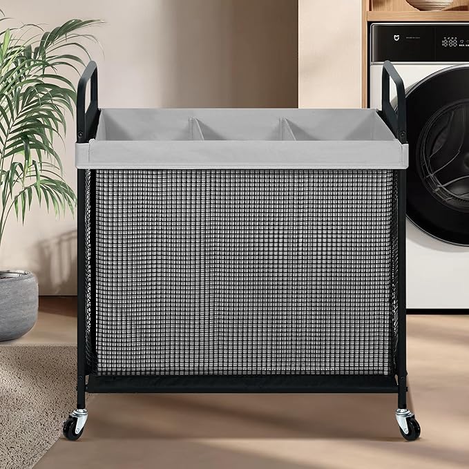 STO STO Laundry Hamper 3 Section, 120L Rolling Laundry Sorter Cart with Removable and Washable Liner Bag, Rolling Clothes Hamper with Metal Handle for Laundry Room and Bedroom, Gray-Ruum Studio Home