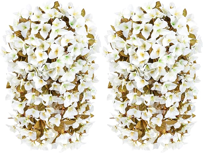 Bougainvillea Artificial Flowers Plants for Outdoors Outside Fall Autumn Decoration, 2 pcs Faux Silk Long Trailing Vines UV Resistant Look Real White Fake Flowers for Front Door Porch Planter Urn Yard-Ruum Studio Home