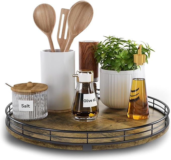 Lazy Susan Turntable Organizer for Table Top, 13’’ Round Wooden Lazy Susan for Cabinet Kitchen Countertop Pantry Dining Coffee Table for Condiments Spices, Rustic Bathroom Vanity Tray for Soap Candle-Ruum Studio Home