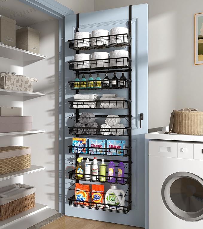 Over The Door Pantry Organizer, Wall Mount Spice Rack, Pantry Hanging Storage and Organization, 8 Adjustable Baskets Heavy-Duty Metal for Home & Kitchen, Back of Door Seasoning Rack - Black-Ruum Studio Home