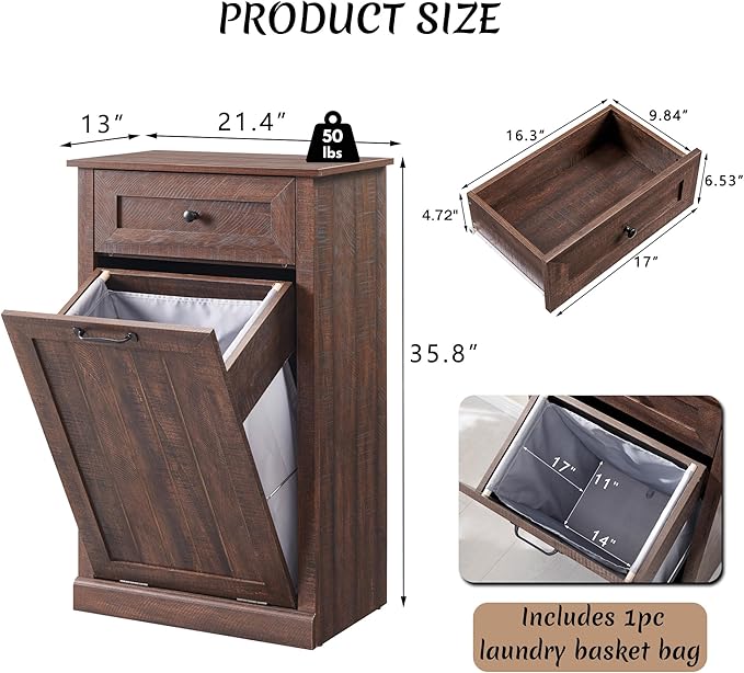 Tilt Out Laundry Hamper Cabinet, 10 Gallon Farmhouse Trash Can Cabinet with Drawer, Hidden Wood Garbage Can Bin Cabinet with Laundry Storage Basket for Bathroom, Kitchen, Brown-Ruum Studio Home