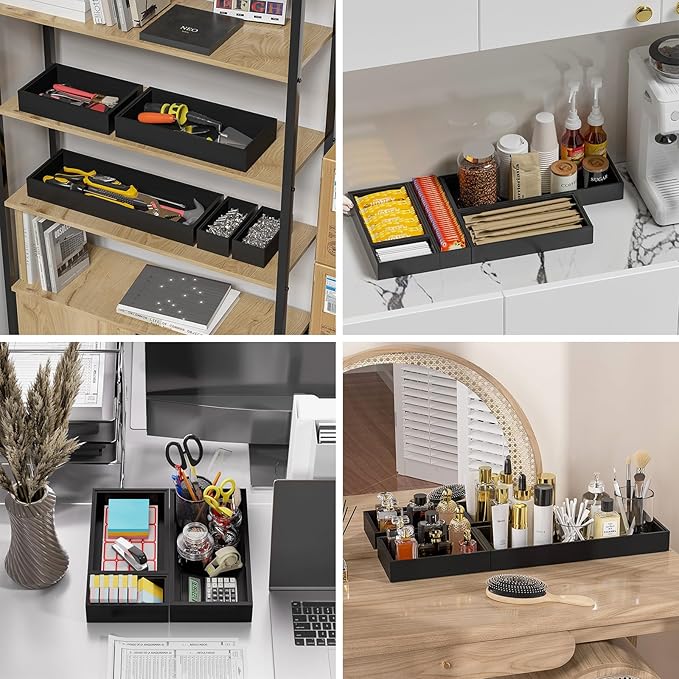 Bamboo Drawer Organizer, Extra Large Silverware Organizer for Kitchen Drawer, Stackable Utensil Organizer, 2 Pcs Toilet Tank Topper Tray, Wooden Toilet Paper Basket (Black, 17 X 6 X 2 Inch)-Ruum Studio Home