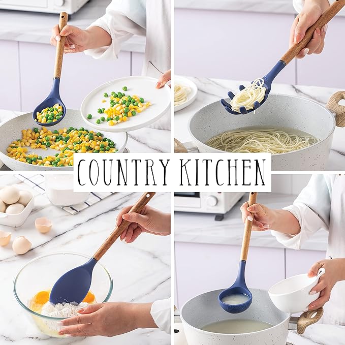 Country Kitchen Non Stick Silicone Utensil Set with Rounded Wood Handles for Cooking and Baking, 8 Piece Set, Navy-Ruum Studio Home