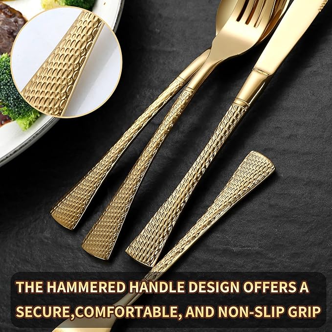 Hammered Gold Silverware Set for 8,Stainless Steel 40-Piece Modern Cutlery Set,Mirror Polished Heavy Duty Flatware Set Utensil Set,Knives Spoons and Forks Set,Dishwasher Safe-Ruum Studio Home