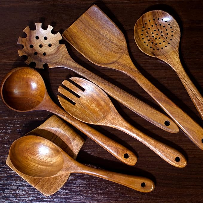 Wooden Spoons for Cooking - 8 Piece Natural Teak Kitchen Utensil Set Non Toxic - Teak Wooden Utensils with Spoon Rest and Holder-Ruum Studio Home