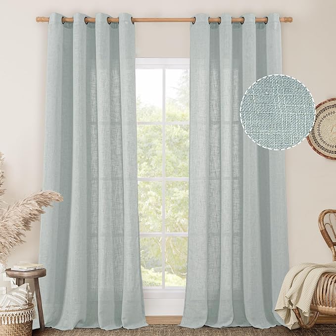 LAMIT Living Room Linen Curtains 90 Inch for Bedroom, Bronze Grommet Linen Textured Sheer Curtains Light Filtering Burlap Drapes for Farmhouse, 2 Panels, 52 x 90 Inch, Greyish Blue-Ruum Studio Home