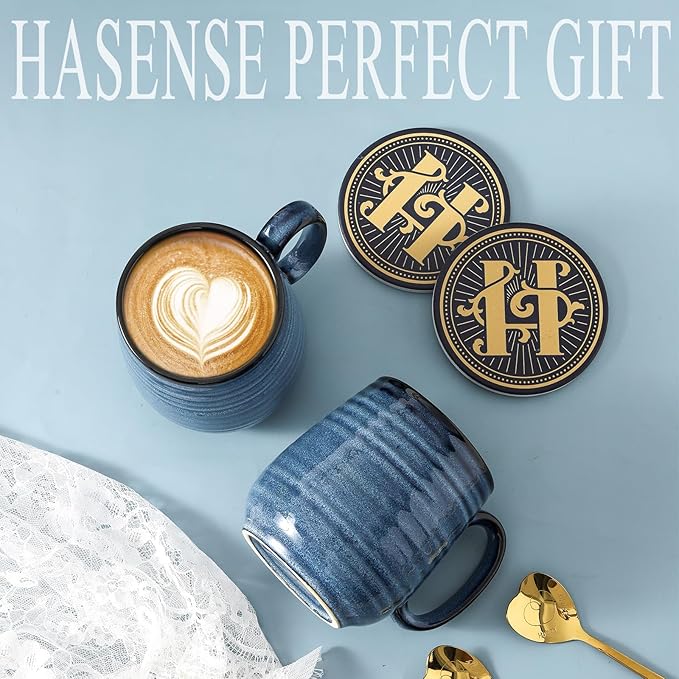 Hasense Coffee Mugs Set of 2, 12oz Ceramic Glazed Mugs with Handles, Blue Reactive Glazes Tea Cups Gift Set for Men and Women, Includes Gold Spoon & Coaster-Ruum Studio Home