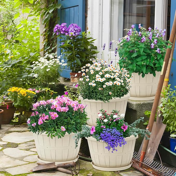 Quarut Plant Planters Pots Set of 4 Pack 16 Inch,Large Plastic Flower Pot for Indoor Plants with Drainage Holes & Trays, Whiskey Barrel Planters with Saucer for House Outdoor Garden Plant(White)-Ruum Studio Home