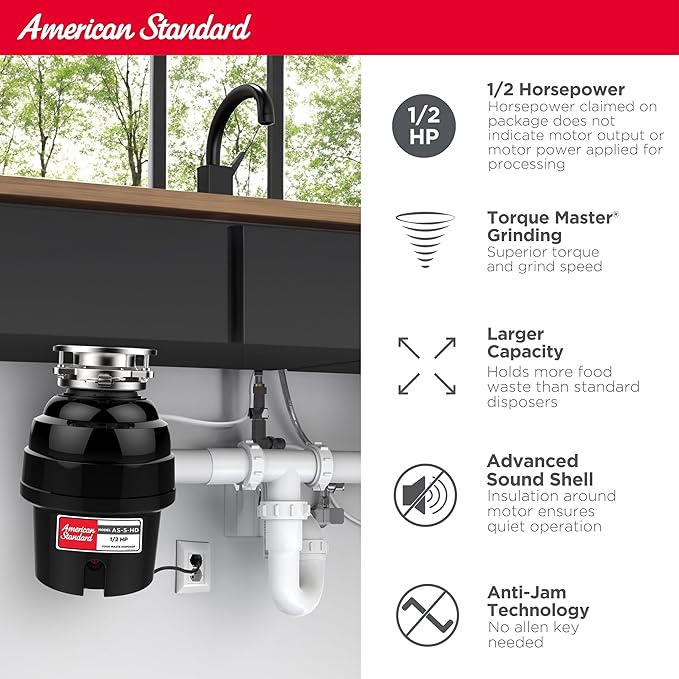 American Standard 10-US-AS-5-HD Garbage Disposal Anti-Jam Stainless Steel Food Waste Grinding System, Heavy Duty, 1/2 HP, Black-Ruum Studio Home