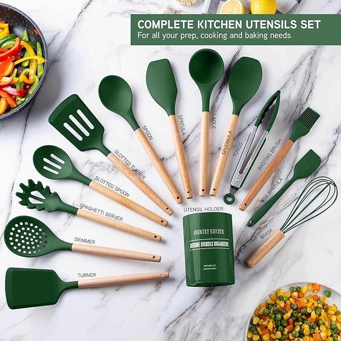 Country Kitchen Non Stick Silicone Utensil Set with Rounded Wood Handles for Cooking and Baking, 14 Piece Set, Green-Ruum Studio Home