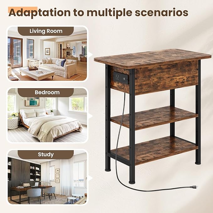 End Table with Charging Station, Flip Top Side Table with USB Ports and Outlets, 3-Tier Small Side Table with Storage for Small Space, End Tables for Living Room/Bedroom, Brown-Ruum Studio Home