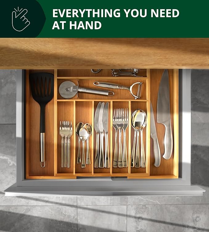 ROYAL CRAFT WOOD Luxury Bamboo Kitchen Drawer Organizer - Silverware Organizer, Utensil Holder & Cutlery Tray Drawer Dividers for Flatware (9 Slot, Natural)-Ruum Studio Home
