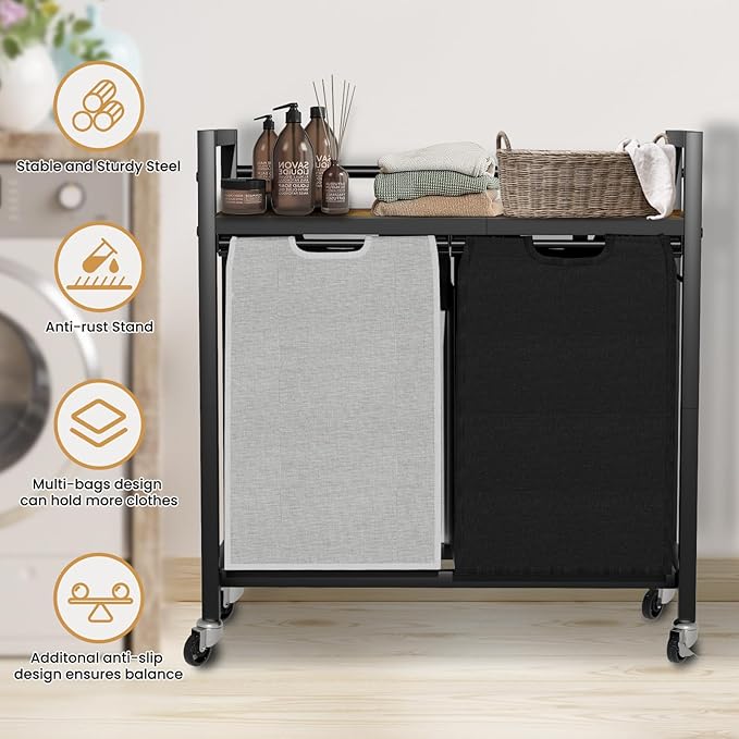 Laundry Hamper, Laundry Basket, Laundry Sorter with 2 Removable Bags, Clothes Basket with 2 Compartments, Wheels, Shelf for Laundry Room Bathroom Bedroom (2 Bags-Black Grey)-Ruum Studio Home