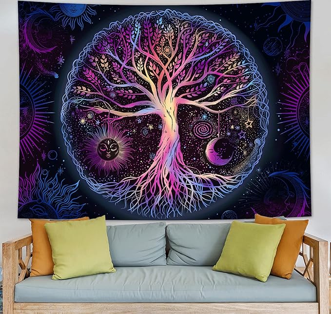 FORATER Tree of Life Tapestry Wall Hanging Colorful Life Tree Tapestries Aesthetic Sun and Moon Galaxy Wall Tapestry for Bedroom Living Room Dorm(36 x 48 Inch, Multicolor)-Ruum Studio Home