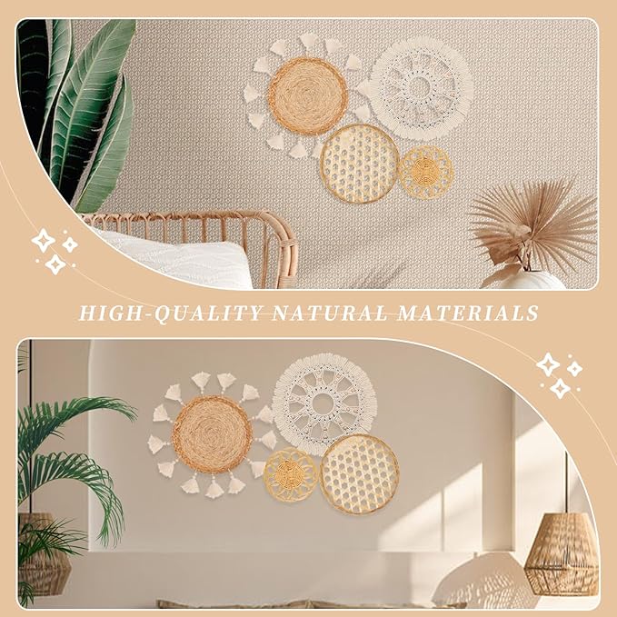 Boho Wall Basket Decor Set of 4 - Flat Woven Basket Wall Hanging Decor,Round Tassels White Macrame Tapestry Wall Decor Art,Handmade Rattan Wicker Seagrass Home Wall Baskets Decor(Wooden Beads Style)-Ruum Studio Home