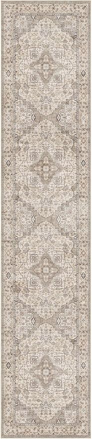 Washable 2.6x12 Runner Rug - Area Rugs Neutral Vintage Distressed Floral Farmhouse Boho Large Soft Floor Rug Indoor Carpet for Hallway Entryway Kitchen Home - Brown/Multi-Ruum Studio Home