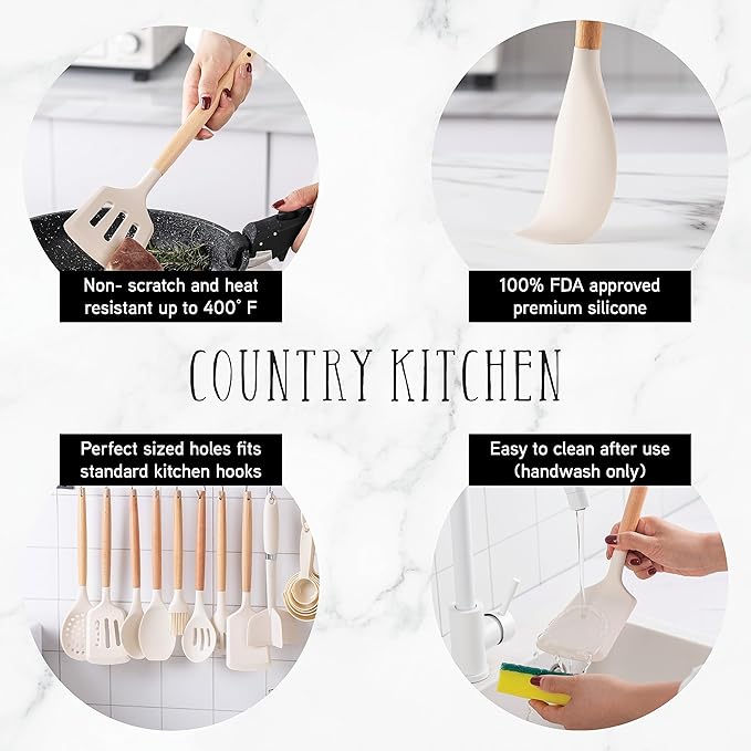 Country Kitchen Non Stick Silicone Utensil Set with Rounded Wood Handles for Cooking and Baking, 38 Piece Set, Khaki-Ruum Studio Home